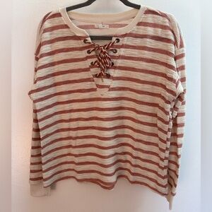 Maurices Red And White Stripe Lace Up Long Sleeve Top M